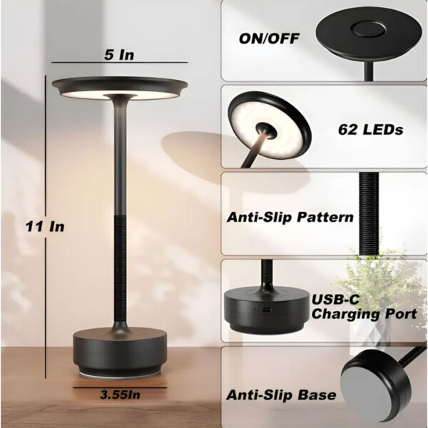 Lámpara de Mesa de Aluminio Praga - LED Regulable Táctil, con USB y Recargable