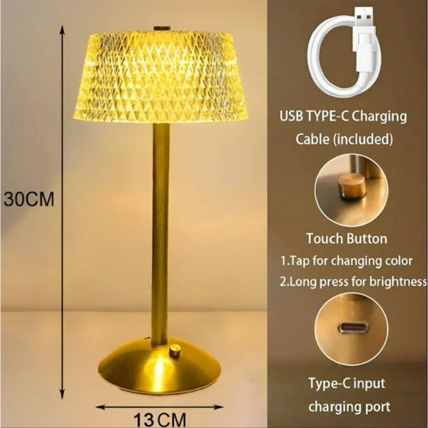 Lámpara de Mesa - Velador LED–Simil Cristal .USB–Táctil-Recargable Modelo Milan