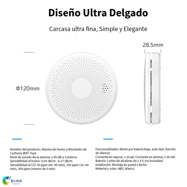 Detector inteligente de monóxido de carbono y humo WiFi Tuya