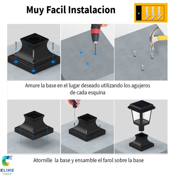Farol Solar Led Calido - Poste / Baranda Cuadrado